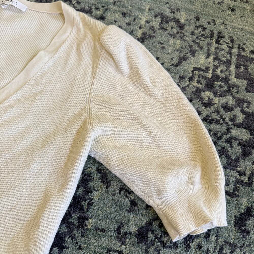 FLAWED FRAME Cropped White Ribbed Puff Sleeve Knit Cardigan Pullover- Size M - Picture 6 of 12